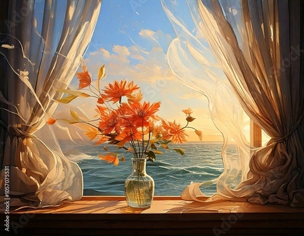 Obraz Windy Day: Illustrate a windy day where the curtains flutter, and the glass flower catches the breeze’s whispers.

