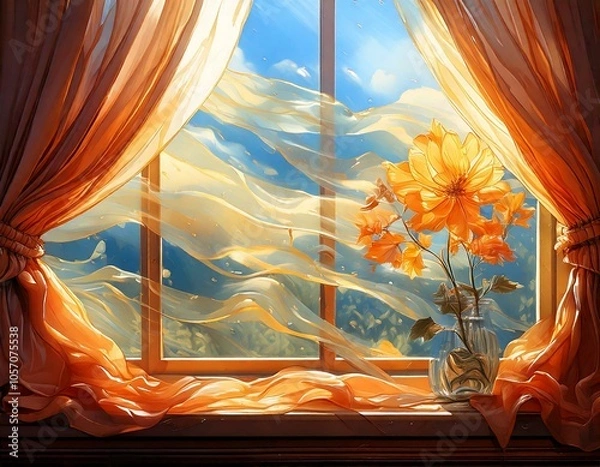 Obraz Windy Day: Illustrate a windy day where the curtains flutter, and the glass flower catches the breeze’s whispers.


