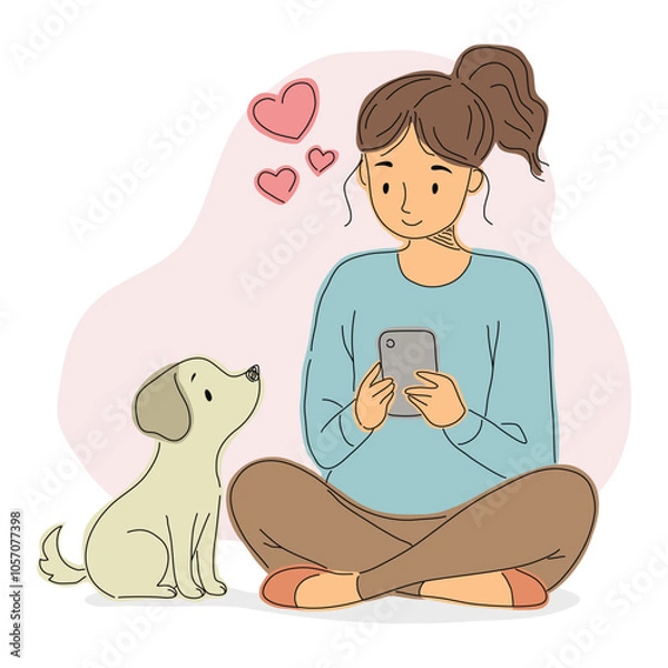 Fototapeta Woman using a smartphone while her dog sits nearby with hearts floating above, warm connection.
