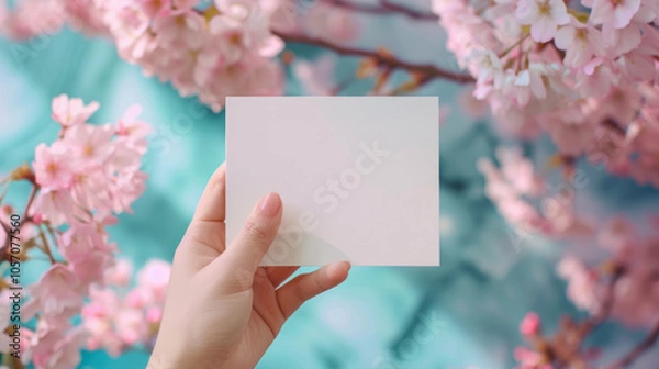 Fototapeta A mockup of an A4 blank card held in a woman's hand against a cherry blossom backdrop, evoking a spring mood with soft pastel hues resembling a watercolor painting.