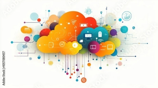 Fototapeta Cloud solutions illustration, showing a cloud with data connections and digital integration symbols