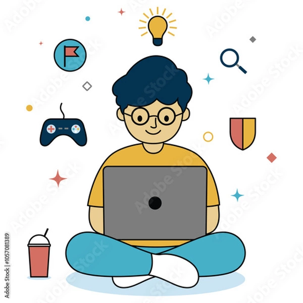 Fototapeta Young boy using a laptop, surrounded by gaming and learning icons, immersed in digital activities.