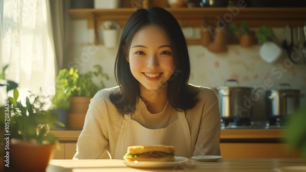 Fototapeta 自家製サンドイッチを楽しむ日本人女性