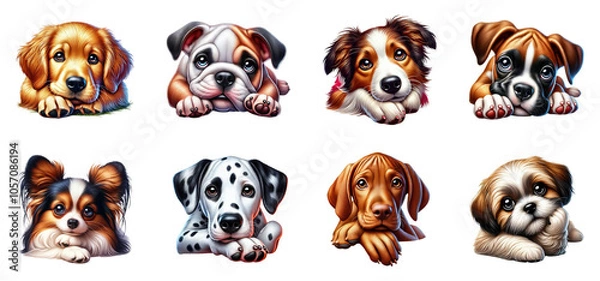 Fototapeta Adorable puppy faces collection, isolated on transparent background
