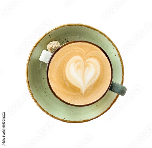Fototapeta Cappuccino, latte, coffee with milk in a green glass mug. with a saucer. Coffee foam. A painted heart. View from above. sugar cubes. On a white background. Isolated. A place for the text. Copy space