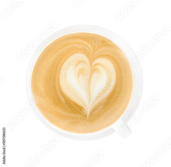 Fototapeta Cappuccino, latte, coffee with milk in a white glass mug. The drawing on the coffee foam. View from above. On a white background. Isolated. Space for text. Copy space