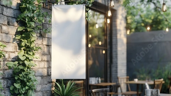 Fototapeta J-Flag mockup hanging outside a minimalist cafÃ©, with soft natural lighting, ready for custom designs or logos to be displayed on the blank banner 