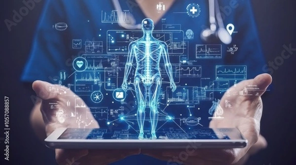 Obraz Electronic health records (EHR), displaying patient data on a tablet, with secure digital access symbols