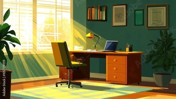 Fototapeta Entrepreneur home office, showing a desk with a laptop and a comfortable chair, bright vector art