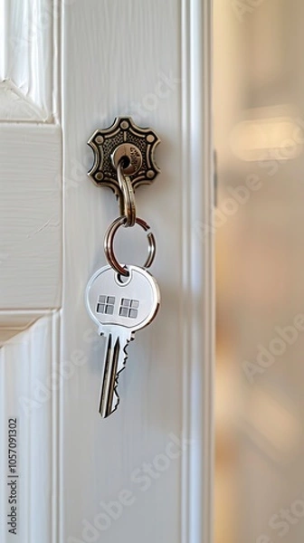Obraz  Open door to a new home with key and home shaped keychain, Mortgages, Moving, New Location 