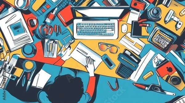 Fototapeta Entrepreneur startup illustration, depicting a person working on business development, surrounded by tools