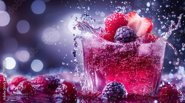 Fototapeta Berry Blast: A symphony of red, a splash of purple, and a burst of freshness in a vibrant image of a cocktail with fresh berries, captured in a moment of effervescent delight.  