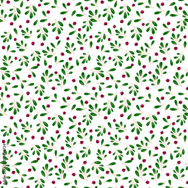 Obraz Green Leaves Seamless Pattern with Red Berries. Botanical Natural Texture for Fabric, Wallpaper, Packaging and Eco Design