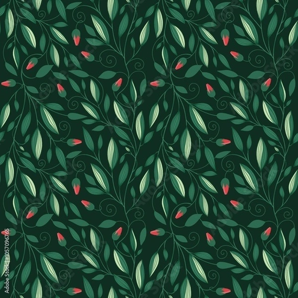 Obraz Seamless Leaves, Branches and Buds Pattern on a Green Background. Botanical Natural Textures for Fabric, Wallpaper, Packaging and Eco Design