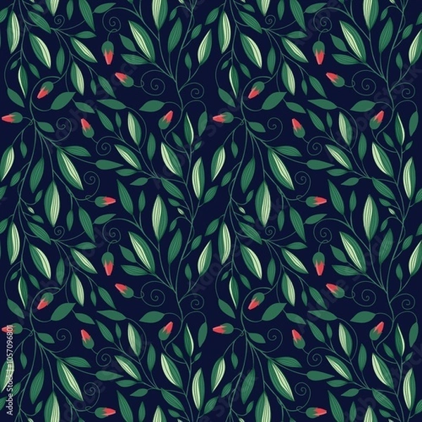 Obraz Seamless Leaves, Branches and Buds Pattern on a Dark Background. Botanical Natural Textures for Fabric, Wallpaper, Packaging and Eco Design	