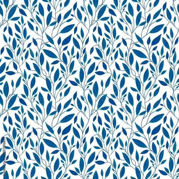 Obraz Seamless Blue Leaves and Branches Pattern on a White Background. Botanical Natural Textures for Fabric, Wallpaper, Packaging and Eco Design	