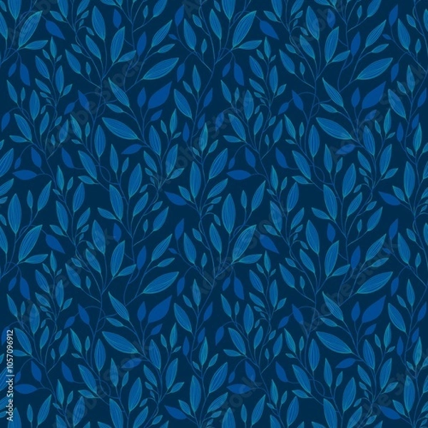 Obraz Seamless Leaves, Branches Pattern on a Blue Background. Botanical Natural Textures for Fabric, Wallpaper, Packaging and Eco Design	