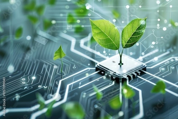 Fototapeta A microchip with green leaves symbolizes the fusion of technology and nature, showcasing sustainability and innovation.