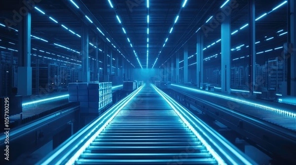 Fototapeta Automated warehouse interior featuring conveyor belts equipped with smart technology and illuminated by blue neon lights directing product movement