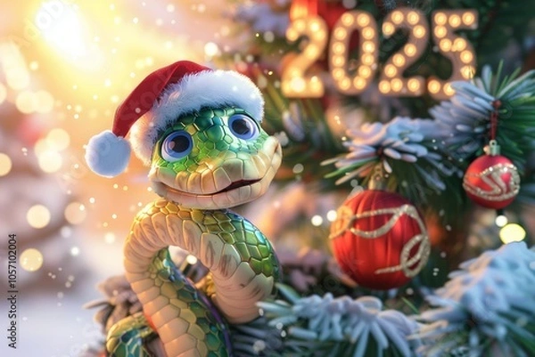 Fototapeta A cartoon snake in a Santa Claus hat on the background of a Christmas tree. The symbol of the New Year 2025. Happy New Year and Merry Christmas card