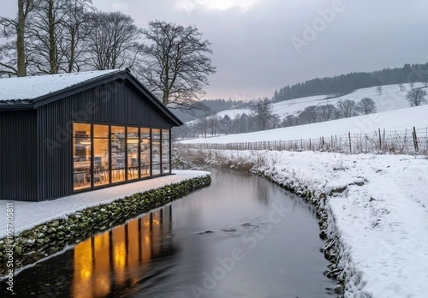 Fototapeta Conceptional sketch of a modern minimalist cozy house in 3D