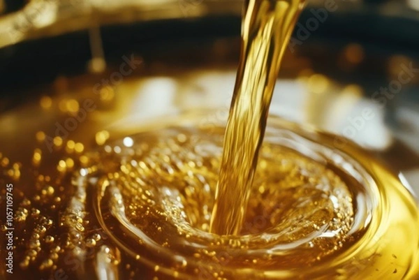 Obraz Stream of golden motor oil pouring in slow-motion, smooth and continuous, crisp detail