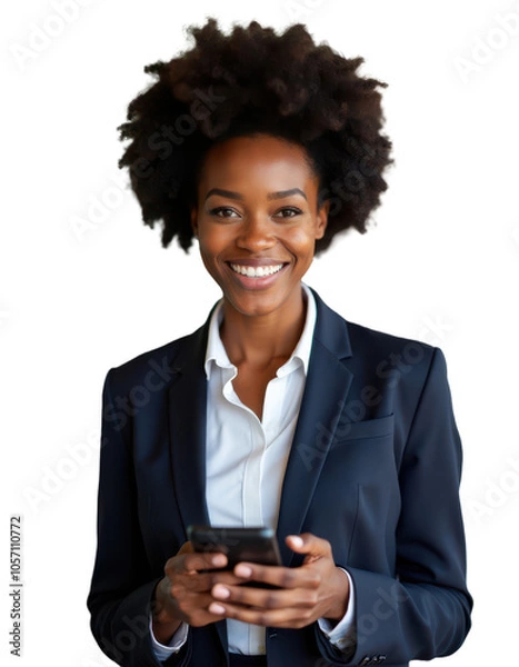 Obraz Portrait of a smiling African American business woman in a black suit holding a cell phone, isolated on a transparent background