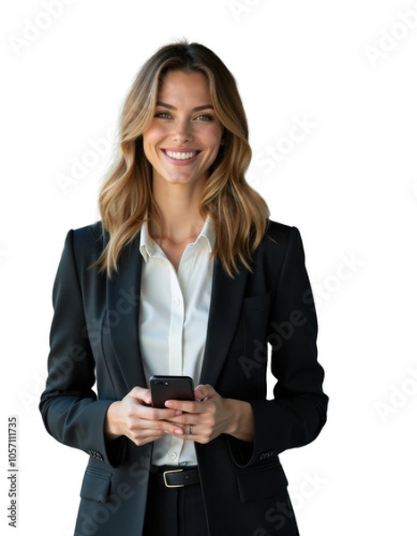 Obraz Portrait of a smiling business woman in a black suit holding a cell phone, isolated on a transparent background
