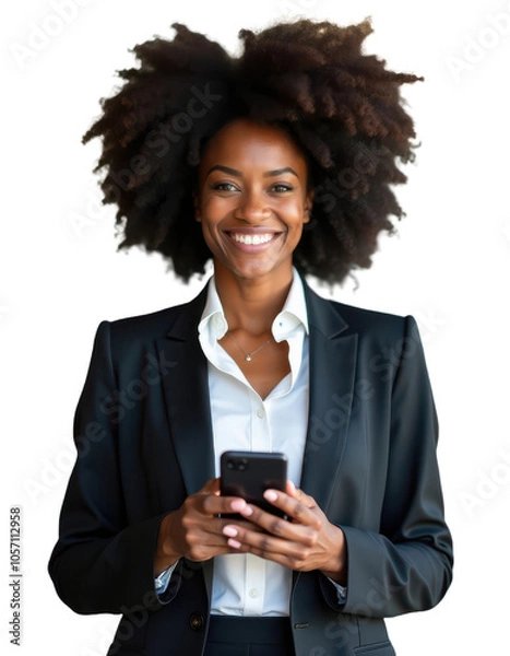 Obraz Portrait of a smiling African American business woman in a black suit holding a cell phone, isolated on a transparent background