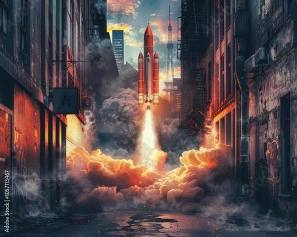 Fototapeta Picture a surreal scene of a rocket launching through a street alley
