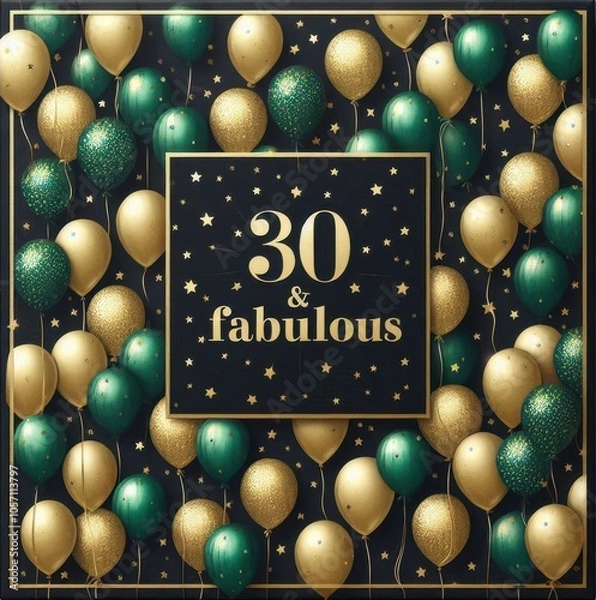 Fototapeta Festive 30th birthday celebration with gold and green balloons, sparkling elements, and stars.