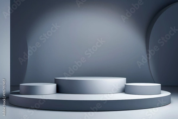 Fototapeta A curved gray podium with futuristic architectural flair offers a unique stage for presentations, combining sleek design with atmospheric lighting influence.