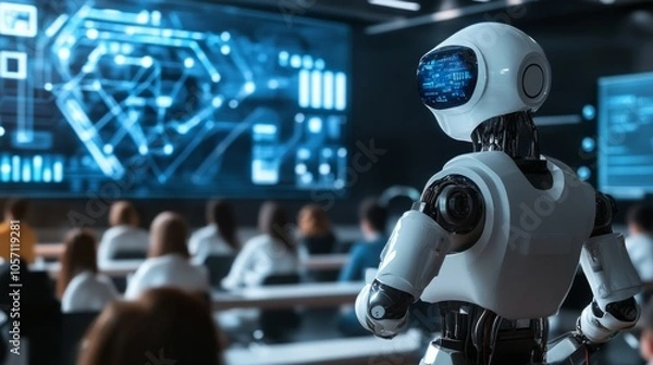 Fototapeta future classroom with students powered by AI, integrating human and robots knowledge, high tech, ultra modern
