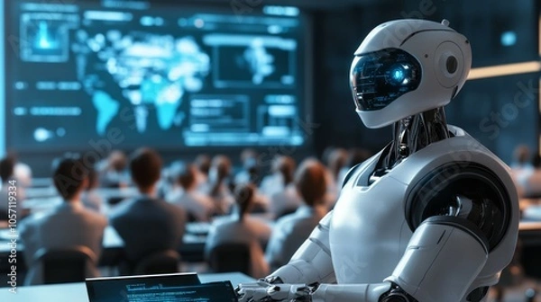 Fototapeta future classroom with students powered by AI, integrating human and robots knowledge, high tech, ultra modern