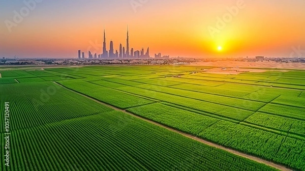 Obraz A city skyline is visible in the background of a field of green grass
