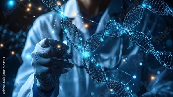 Fototapeta Close-up of a scientist reviewing genetic test data on a high-tech interface in a lab. Realistic photo style, industrial quality.