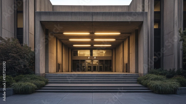 Fototapeta striking brutalist theater entrance at dusk, featuring concrete slabs and illuminated by warm lights, creating dramatic atmosphere. surrounding greenery adds touch of nature to architectural design