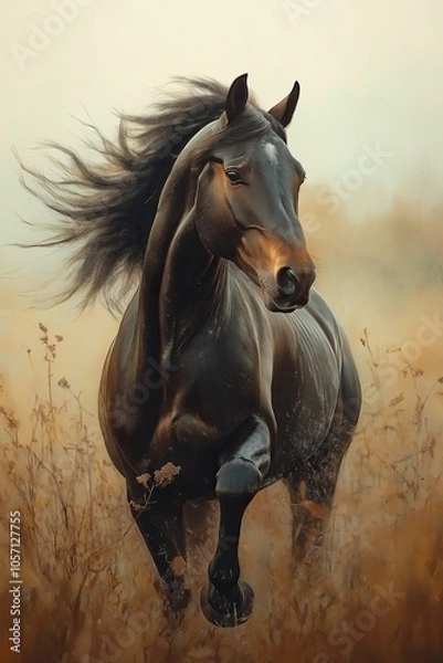Fototapeta Realistic painting of black horse running with expressive features and flowing mane in serene countryside landscape, equine art for animal lovers, print for National Horse Day