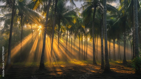 Fototapeta Sunlight filtering through tall coconut trees in a dense plantation, creating a dramatic play of light and shadow