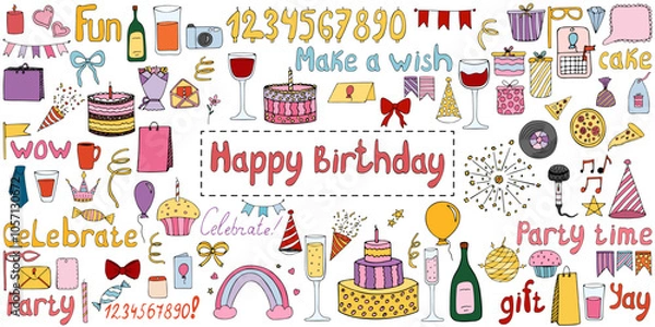 Fototapeta Happy birthday cliparts colored doodle set. Celebration stuff, foods, drinks.. Event elements for kids party with birthday cakes. Colored with black lines hand drawn vector doodles. Isolated on white.