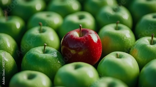 Fototapeta A red apple stands out among a large group of green apples, symbolizing individuality and the beauty of being different.