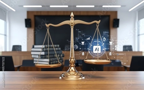 Fototapeta AI and the Scales of Justice:  A symbolic image depicting a golden scale of justice with books representing legal precedent balanced against AI technology, set within a courtroom.