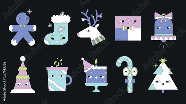 Obraz Cute Winter Holiday Characters. A set of funny adorable Christmas characters with charming expressions, featuring a gingerbread man, holiday accessories, Christmas decorations, and festive drinks. 