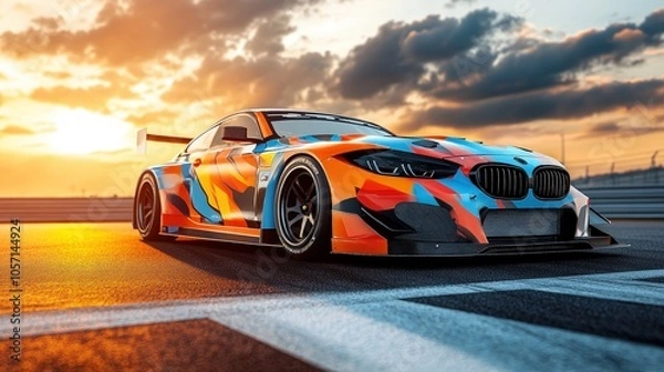 Obraz A vibrant, racing car in striking colors parked on a track at sunset, showcasing its sleek design and artistic paint job.