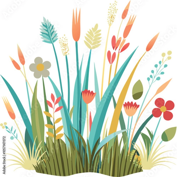 Obraz Flat design vector illustration of grass and flowers
