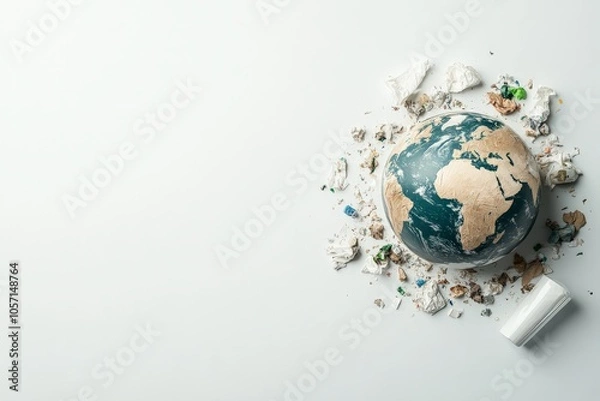 Fototapeta A stylized Earth globe lies on a white surface, encircled by scattered debris and elements, representing environmental disruption and sustainability challenges.