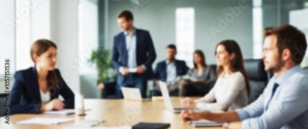 Fototapeta Blurred background of a group of diverse business people sitting around a conference table, bussiness and meeting