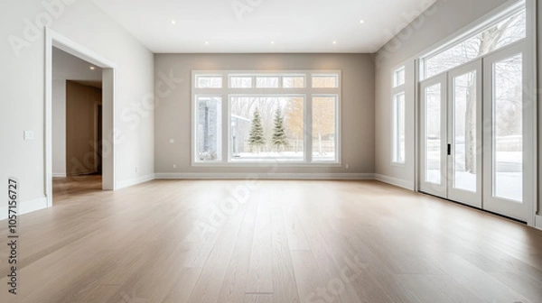 Fototapeta Spacious empty living room with large windows and light hardwood flooring overlooking a snowy backyard with trees and a house.