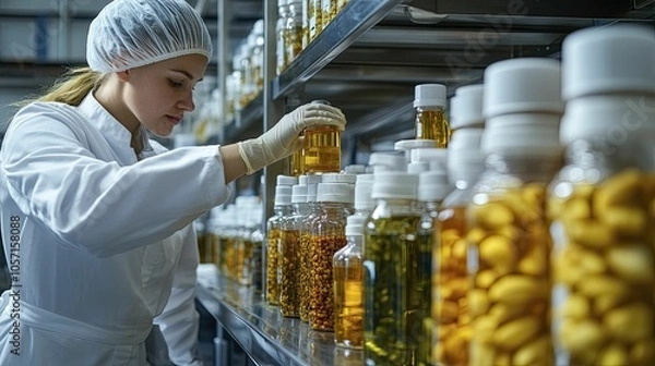 Fototapeta A worker in a food factory inspecting preservation chemicals, focus on quality control, sterile lab environment