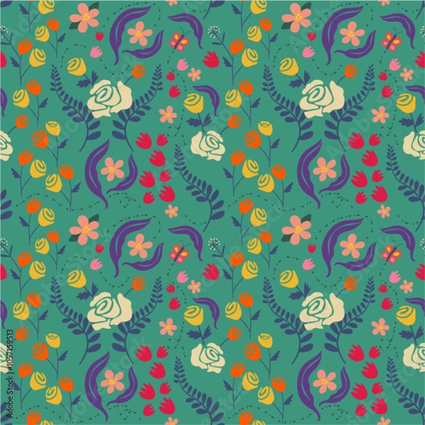 Fototapeta Flowers seamless pattern with nature elements for fashion, fabric, wallpaper, background, print, card, wrap with its elegant, ornate, beautiful and stylish design. Vector and illustration.